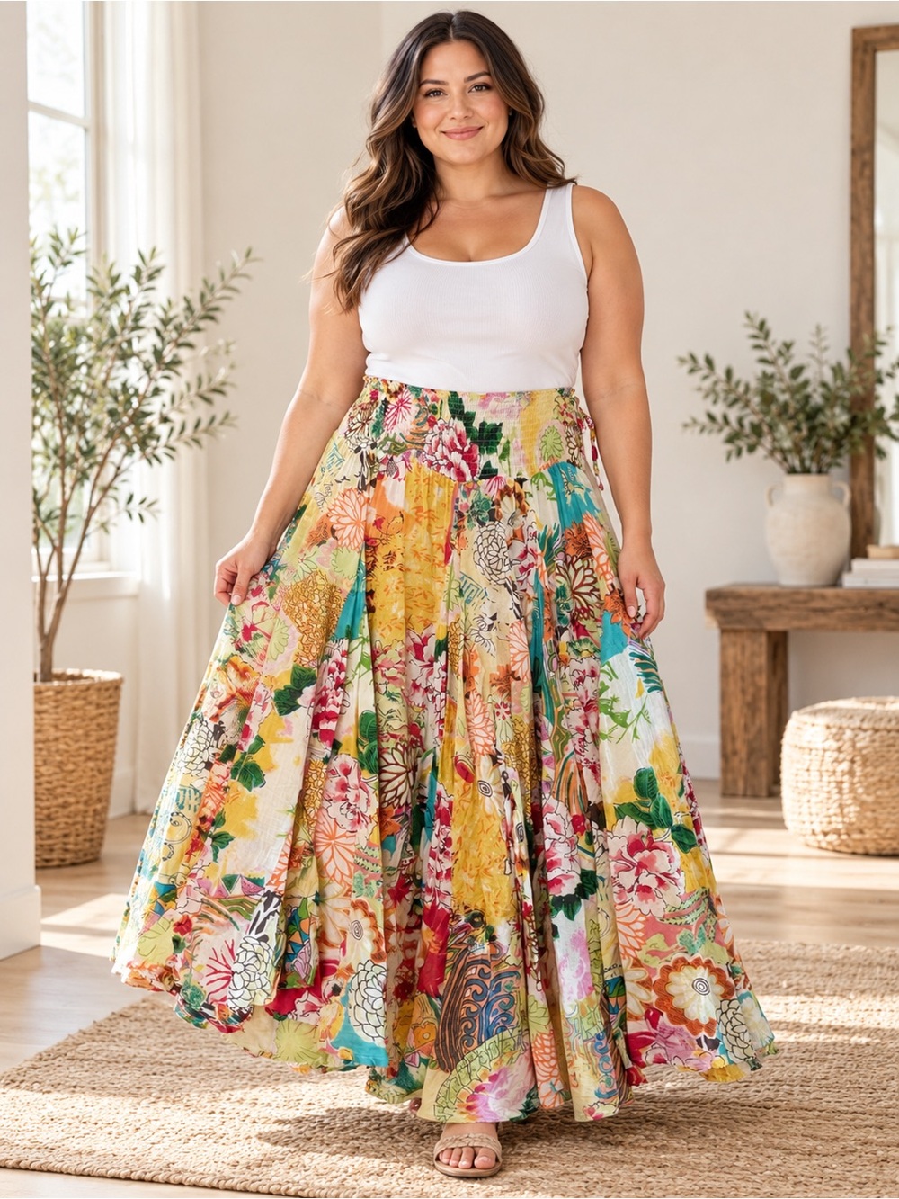 Olivia & Grace Floral Smocked Waist Maxi Skirt L Fits XL / 0X / 1X